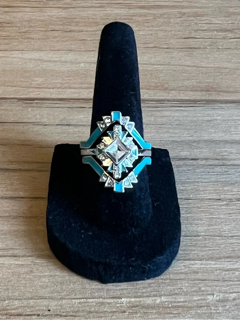 Turquoise Silver Tone Triple Band  Art Deco Fashion Ring-Size 6.5